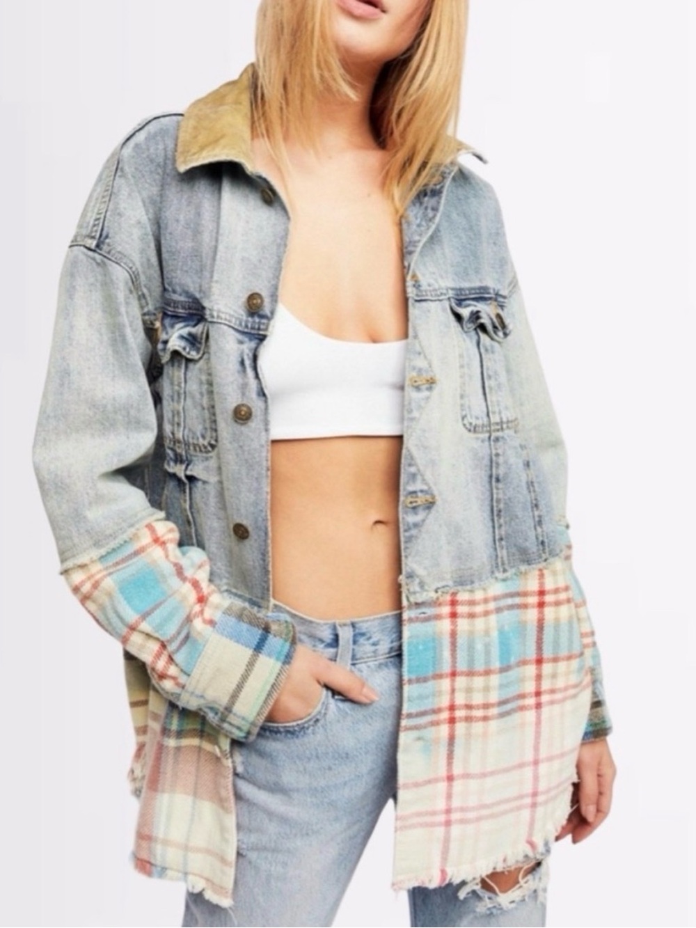 Free People Sirius‎ Plaid Mixed Denim Shirt Jacket XS